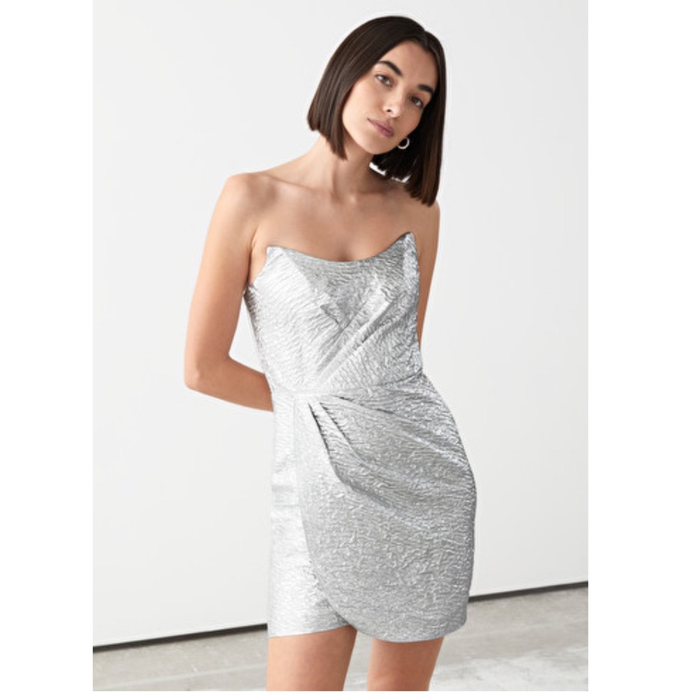 & Other Stories Draped Strapless Jacquard Dress
